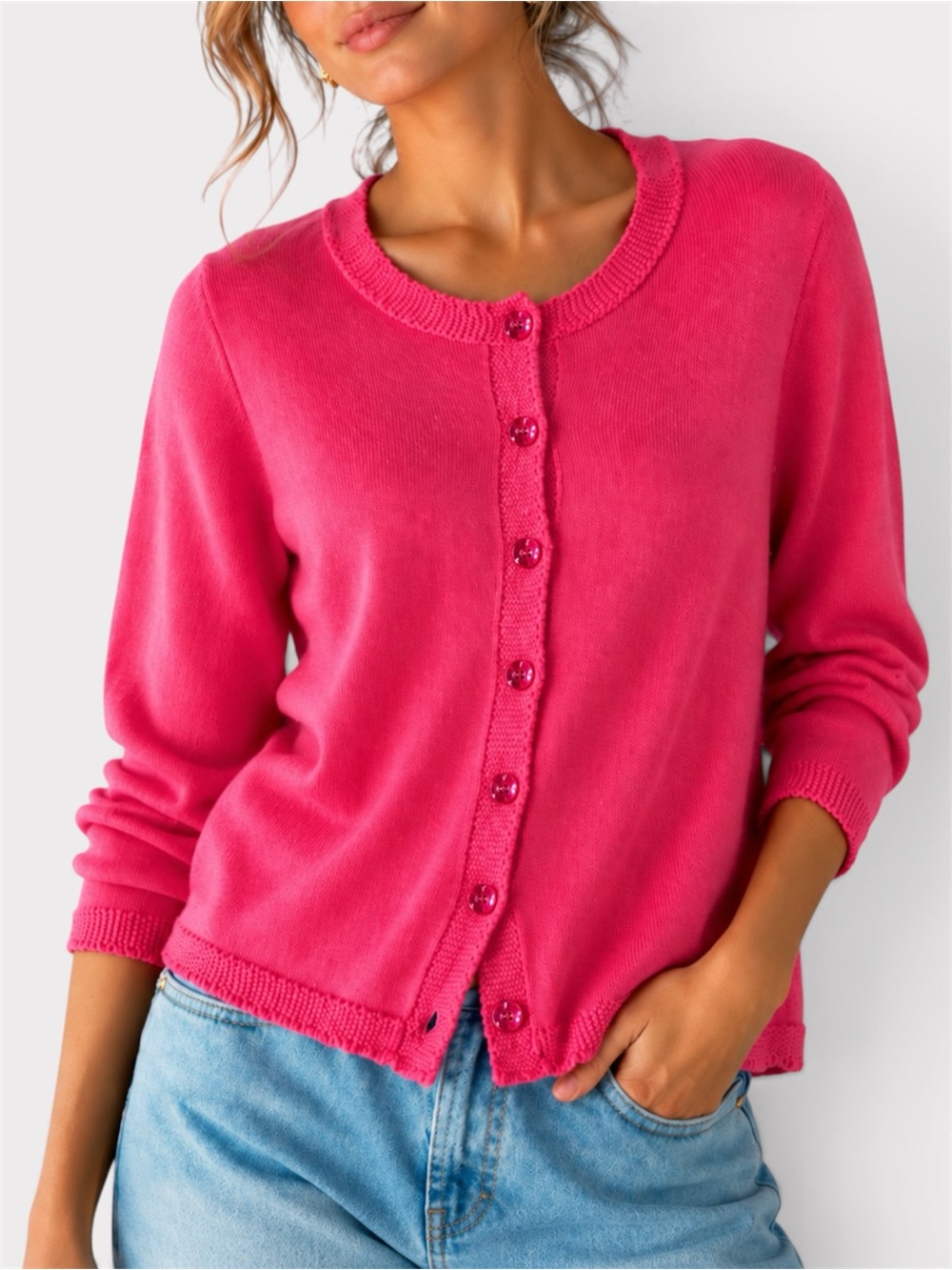 Northern Reflections Pink Knit Cardigan Sweater Floral Buttons 100% Cotton Small